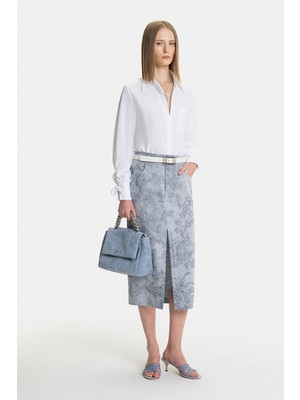 Vakko By Lorena Antonıazzı Blue Patterned Midi Skirt