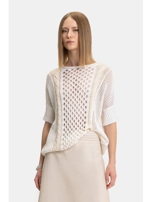 Vakko By Lorena Antonıazzı Ecru Short Sleeve Knit Top
