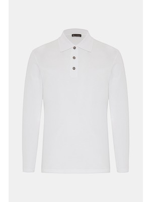 Vakko White Buttoned Polo Collar Long Sleeve T-Shirt