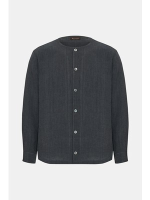 Vakko Navy Collarless Long Sleeve Shirt