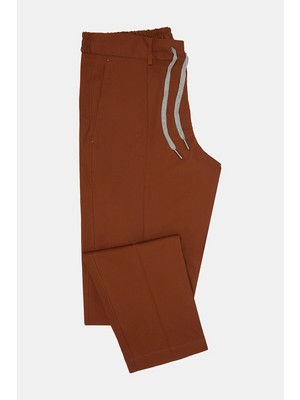 Vakko By Berwıch Terracotta Single-Pleat Elastic Waist Cotton Trousers