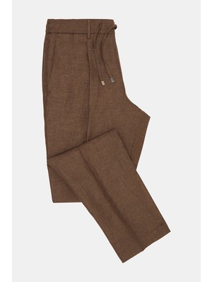 Vakko By Berwıch Brown Single Pleat Elastic Waist Linen Trousers
