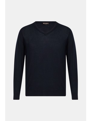 Vakko Navy V-Neck Knit Sweater