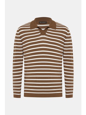 Vakko Light Camel Polo Collar Short Sleeve Knit T-Shirt