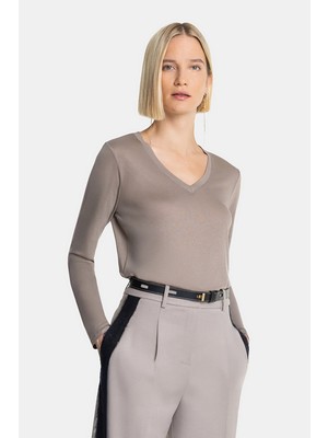Vakko Khaki V-Neck Long Sleeve T-Shirt