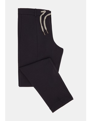 Vakko By Berwıch Navy Single-Pleat Elastic Waist Jersey Trousers