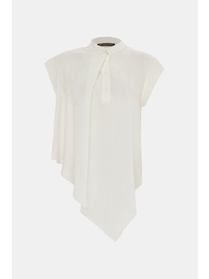 Vakko Ecru Mandarin Collar Short Sleeve Blouse