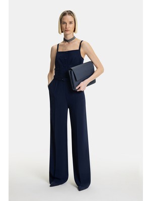 Vakko Navy Square Neck Strappy Jumpsuit