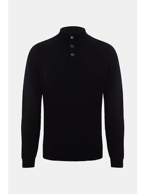 Vakko By Danıele Fıesolı Buttoned Mock Neck Wool Cashmere Knit Sweater
