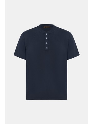 Vakko Navy Buttoned Polo Collar Short Sleeve T-Shirt