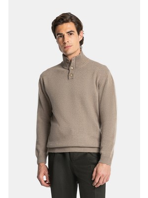 Vakko By Danıele Fıesolı Buttoned Mock Neck Wool Cashmere Knit Sweater