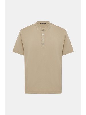 Vakko Beige Buttoned Polo Collar Short Sleeve T-Shirt