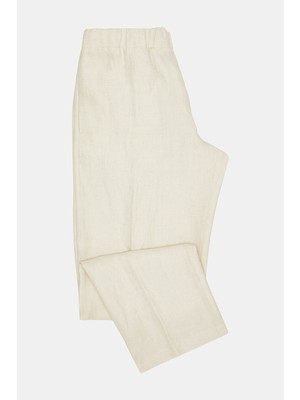 Vakko Ecru Elastic Drawstring Waist Flat Front Trousers