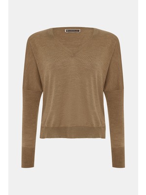 Vakko Camel V-Neck Knit Sweater