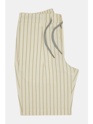 Vakko By Berwıch Light Cream Single-Pleated Striped Cotton Bermuda Shorts