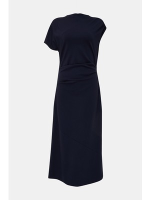 Vakko Navy One-Shoulder Midi Dress