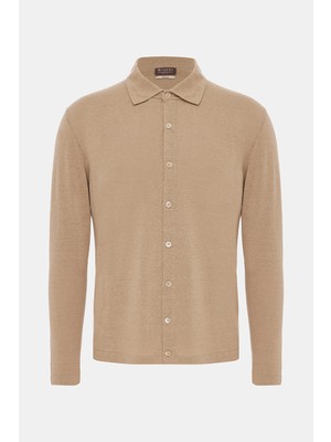 Vakko By Danıele Fıesolı Beige Button-Front Long Sleeve Knit Shirt