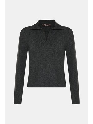 Vakko By Gran Sasso Anthracite Polo Collar Knit Sweater