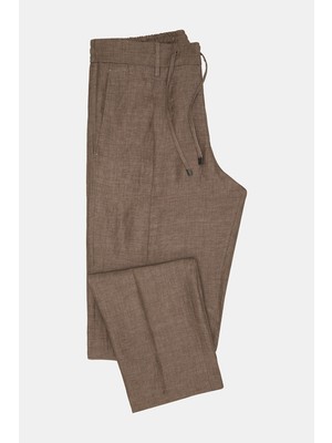 Vakko By Berwıch Beige Single-Pleated Elastic Waist Linen Trousers