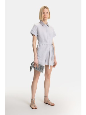 Vakko Grey Linen Short Jumpsuit