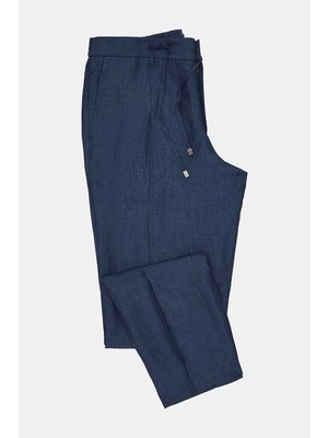 Vakko By Berwıch Navy Single-Pleat Elastic Waist Linen Trousers