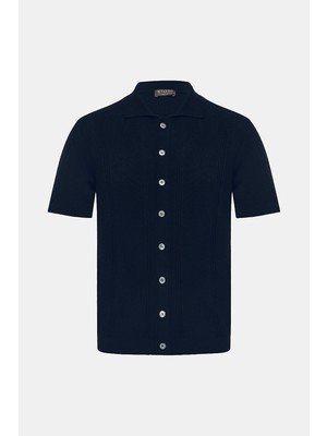 Vakko By Danıele Fıesolı Navy Button-Front Short Sleeve Knit Shirt