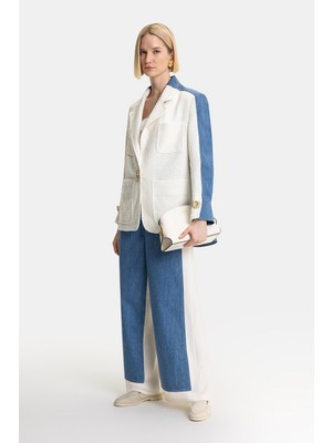 Vakko Blue-Ecru Wide-Leg Trousers