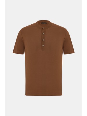 Vakko Tan Mandarin Collar Short Sleeve Knit T-Shirt
