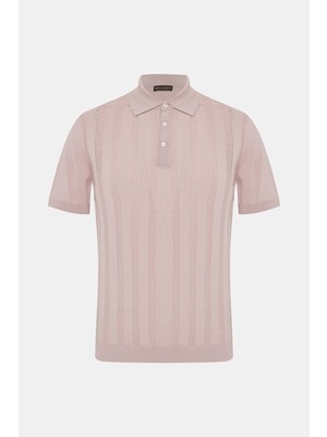 Vakko Powder Pink Buttoned Polo Collar Short Sleeve Knit T-Shirt