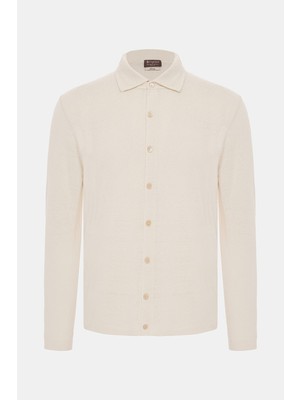 Vakko By Danıele Fıesolı Ecru Button-Front Long Sleeve Knit Shirt