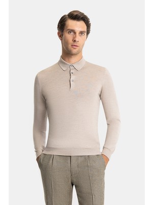 Vakko By Gran Sasso Buttoned Polo Collar Wool Silk Knit Sweater