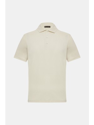Vakko Ecru Buttoned Polo Collar Short Sleeve T-Shirt