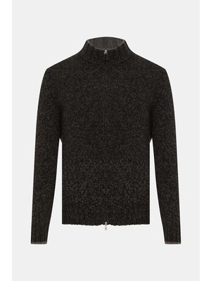 Vakko By Gran Sasso Stand Collar Zip-Up Melange Wool Cardigan