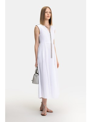 Vakko White-Grey V-Neck Dress