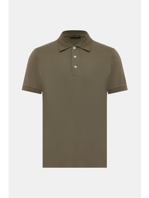 Vakko Khaki Buttoned Polo Collar Short Sleeve T-Shirt