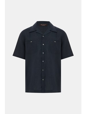 Vakko By Gran Sasso Navy Collared Short Sleeve Linen Shirt