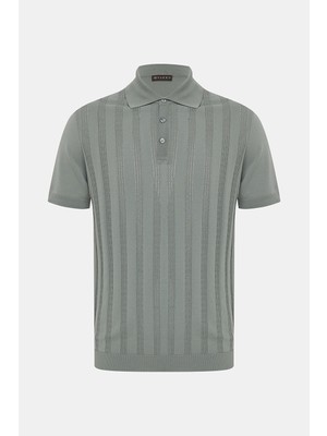 Vakko Mint Buttoned Polo Collar Short Sleeve Knit T-Shirt