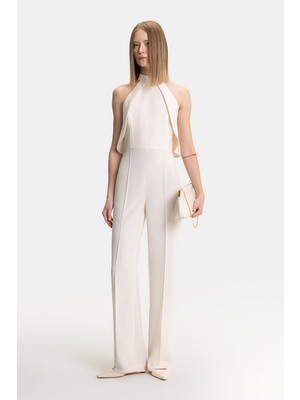 Vakko Ecru Halter Neck Sleeveless Jumpsuit