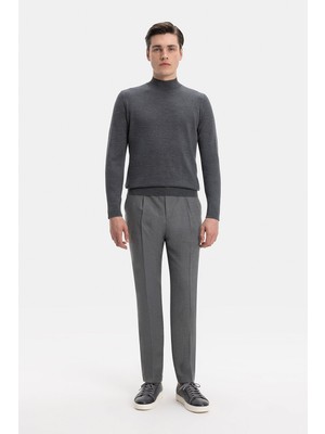 Vakko Grey Melange Pleated Flannel Trousers