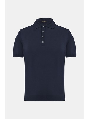 Vakko Navy Buttoned Polo Collar Short Sleeve Knit T-Shirt