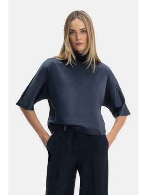 Vakko By Peserıco Navy Stand Collar Short Sleeve Blouse
