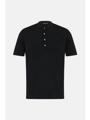 Vakko Black Mandarin Collar Short Sleeve Knit T-Shirt