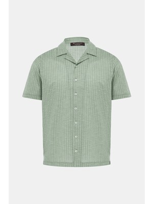 Vakko By Gran Sasso Green Collared Short Sleeve Cotton Striped Shirt