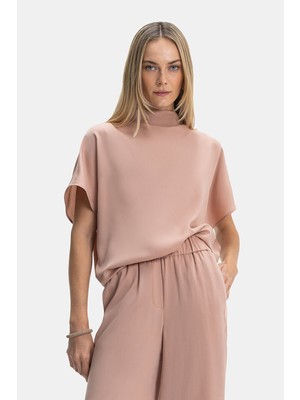 Vakko By Peserıco Powder Pink Stand Collar Short Sleeve Blouse