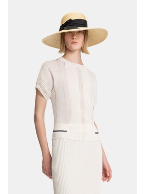 Vakko Ecru Round Neck Short Sleeve Blouse