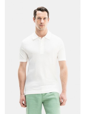 Vakko Ecru Polo Button Collar Short Sleeve Knit T-Shirt