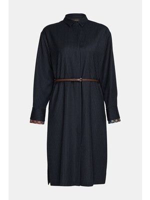 Vakko Navy Striped Wool Dress