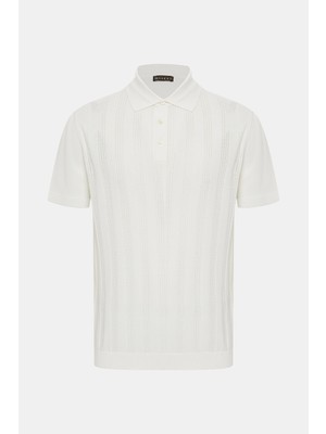 Vakko Ecru Buttoned Polo Collar Short Sleeve Knit T-Shirt