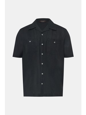 Vakko By Gran Sasso Black Collared Short Sleeve Linen Shirt