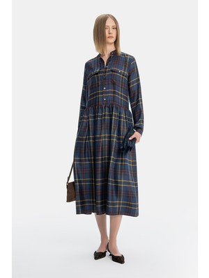 Vakko Navy Plaid Silk Dress